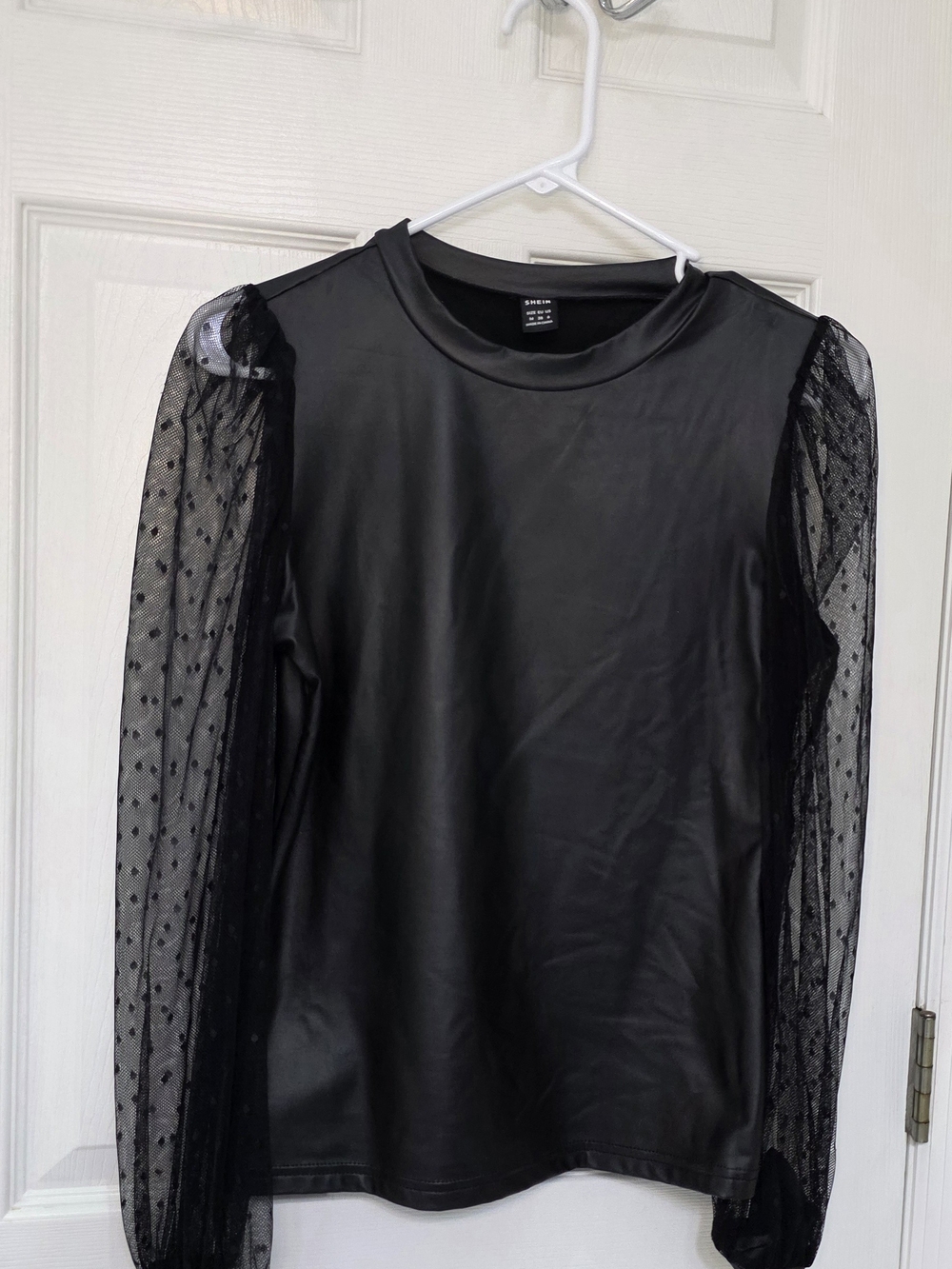Shein Black Faux Leather Top with Polka Dot Mesh Sleeves